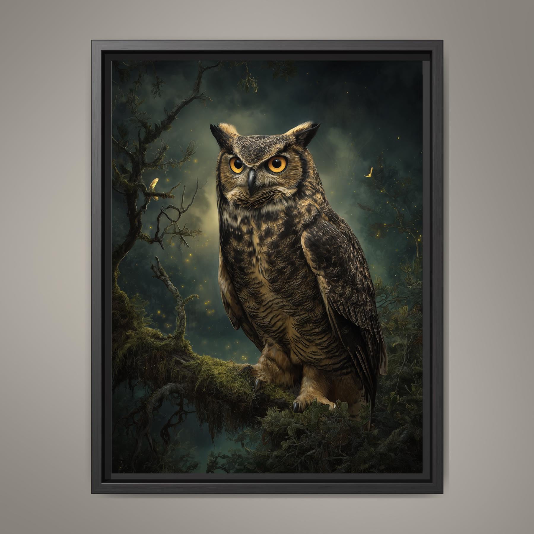 Owl Wall Art Print, Forest Bird of Prey Decor, Moody Woodland Nature Artwork