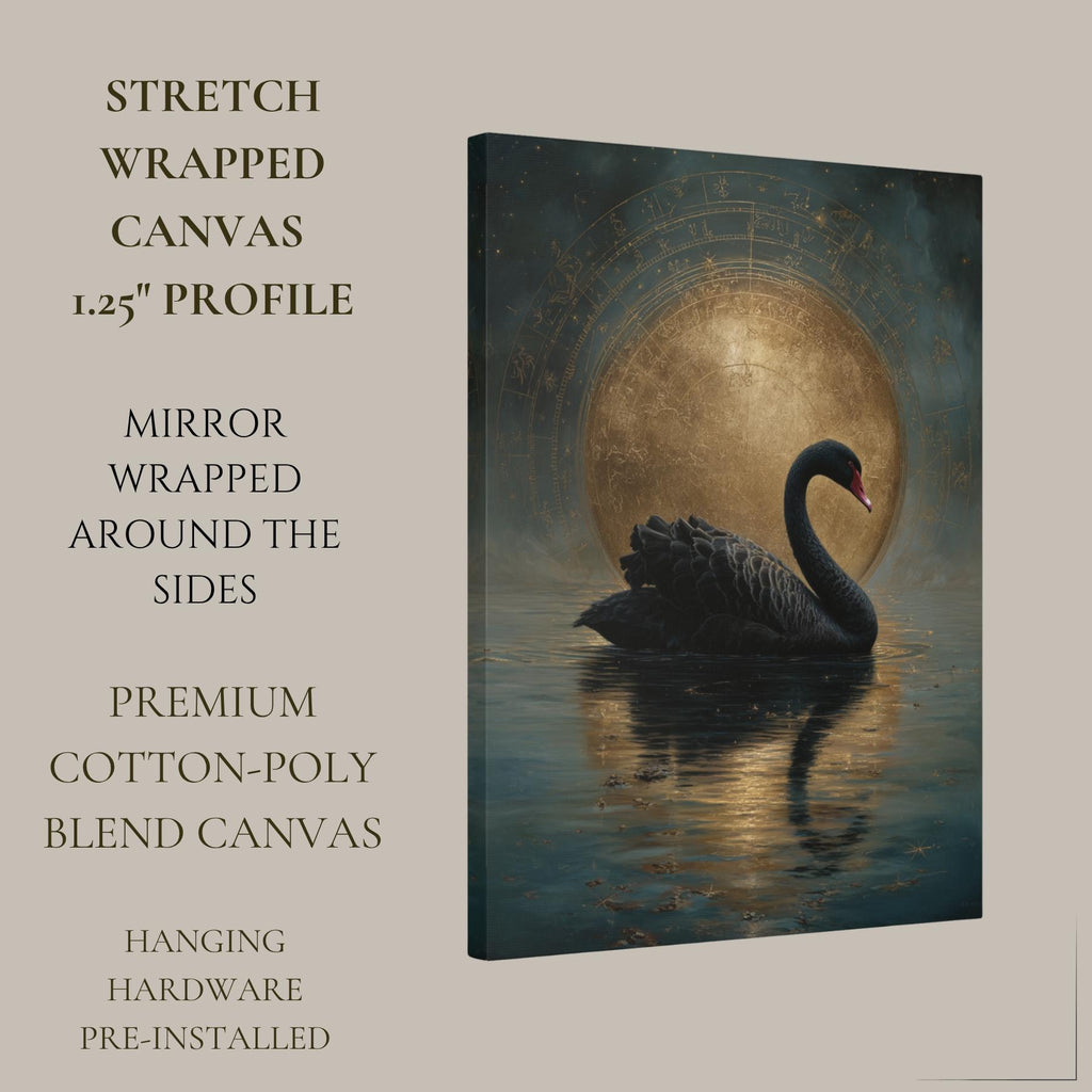Black Swan Celestial Moon Art Print, Vintage Bird Artwork Painting