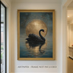 Black Swan Celestial Moon Art Print, Vintage Bird Artwork Painting
