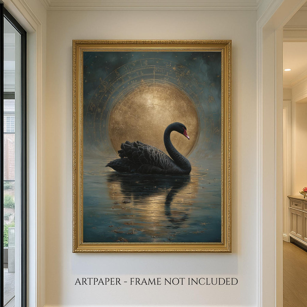 Black Swan Celestial Moon Art Print, Vintage Bird Artwork Painting