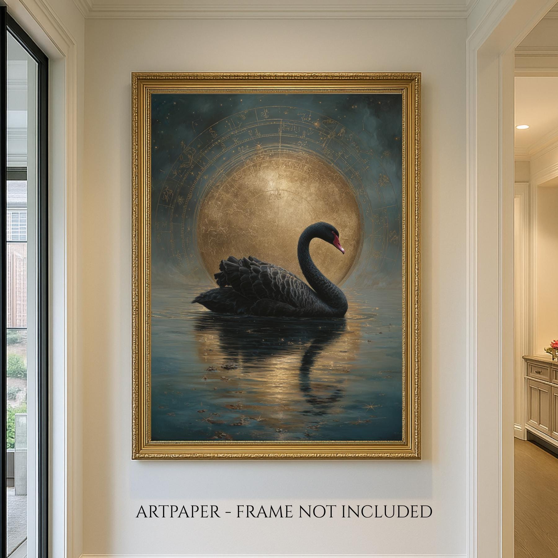Black Swan Celestial Moon Art Print, Vintage Bird Artwork Painting