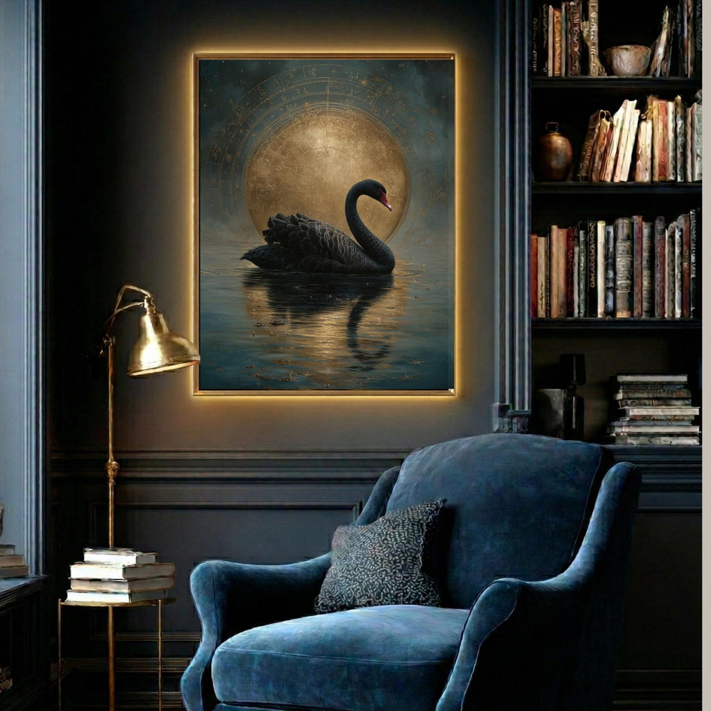 Black Swan Celestial Moon Art Print, Vintage Bird Artwork Painting