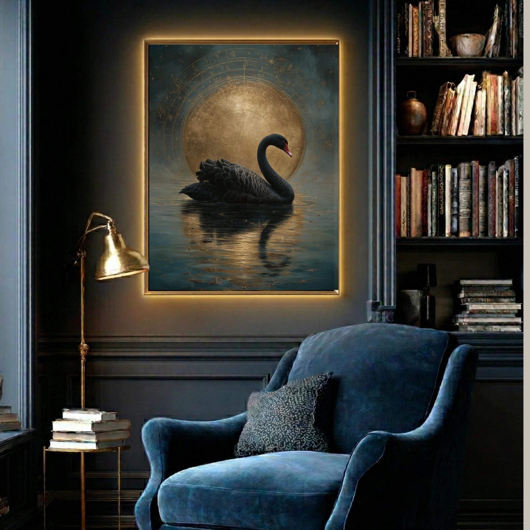 Black Swan Celestial Moon Art Print, Vintage Bird Artwork Painting