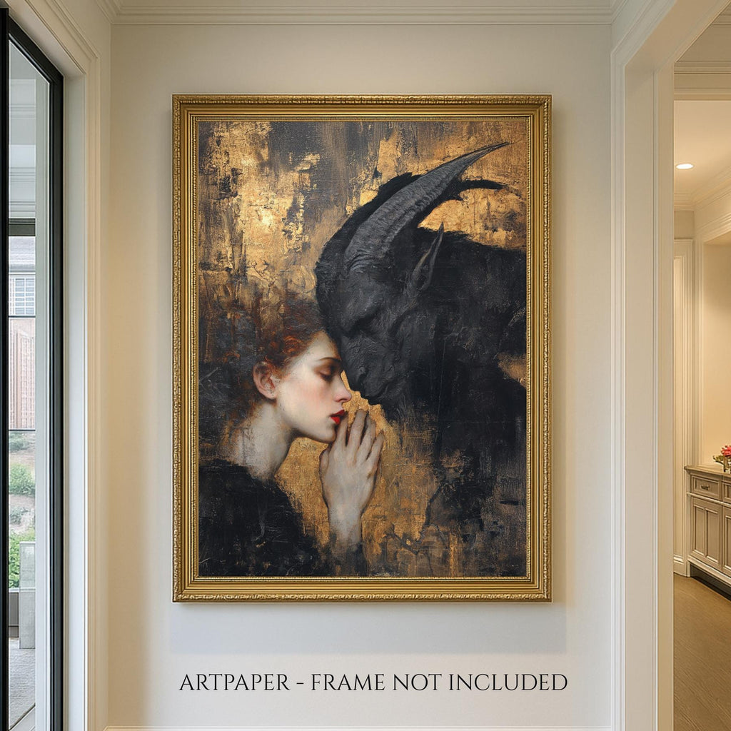 Woman and Devil Wall Art, Romantic Couple Gothic Print, Gold Surreal Artwork