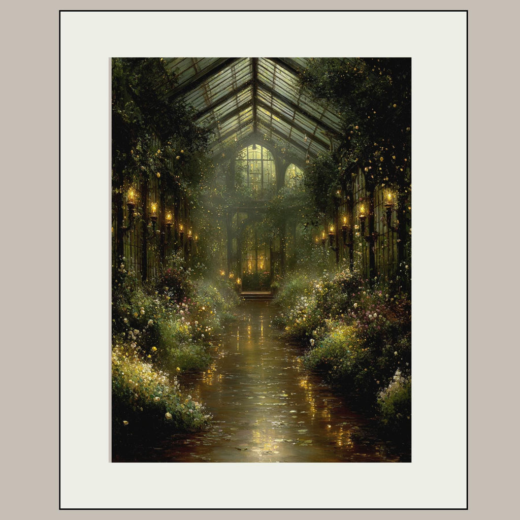 Vintage Greenhouse Wall Art Print, Moody Botanical Conservatory Artwork Painting