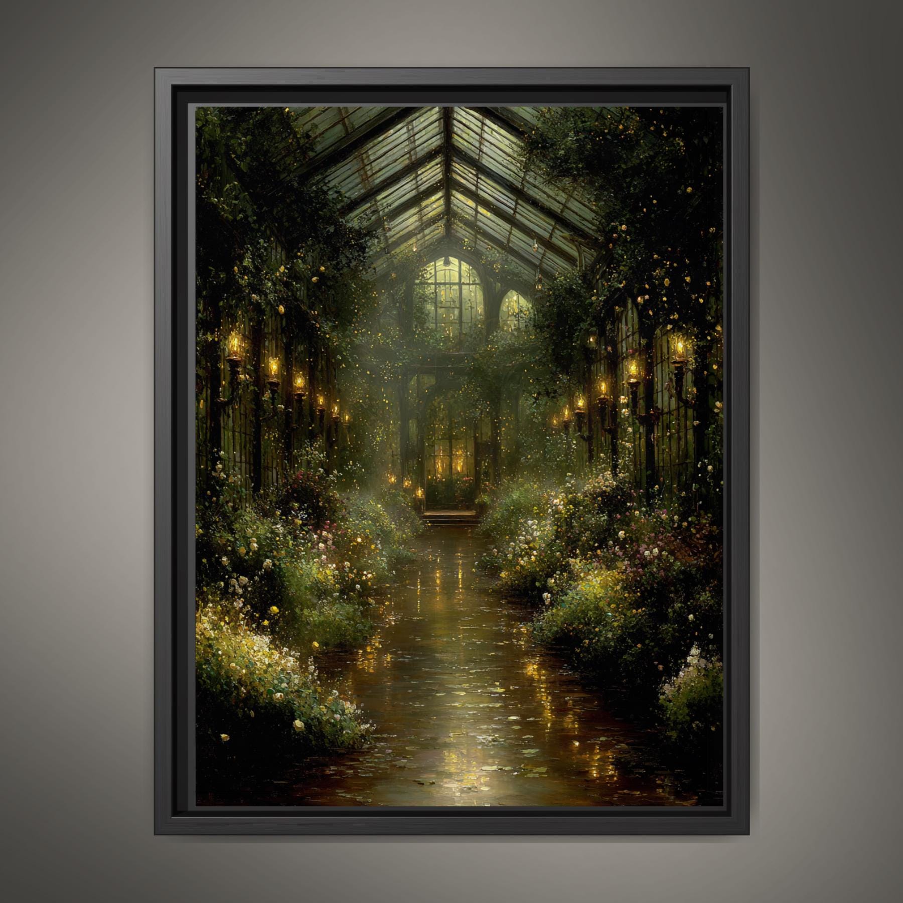 Vintage Greenhouse Wall Art Print, Moody Botanical Conservatory Artwork Painting