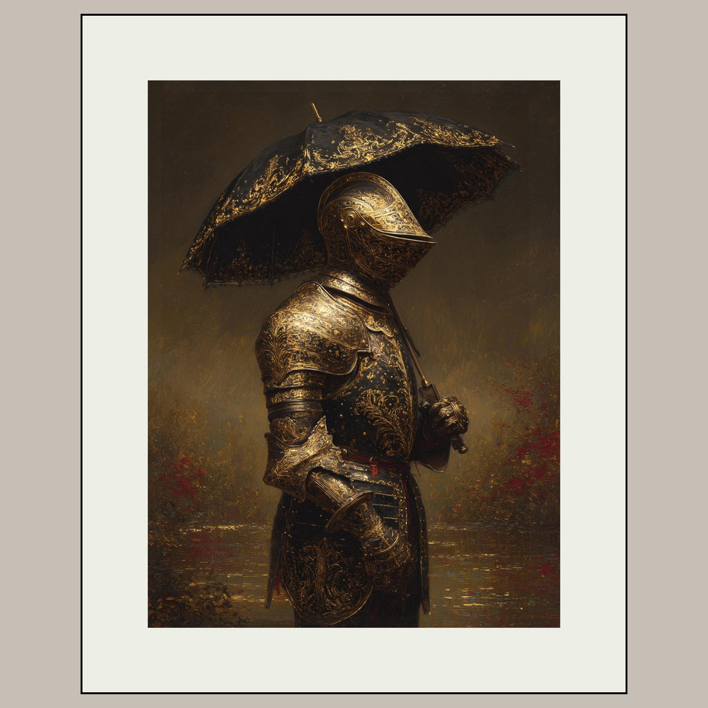 Dark Knight with Umbrella Wall Art Print, Medieval Armour Portrait, Moody Fantasy Decor