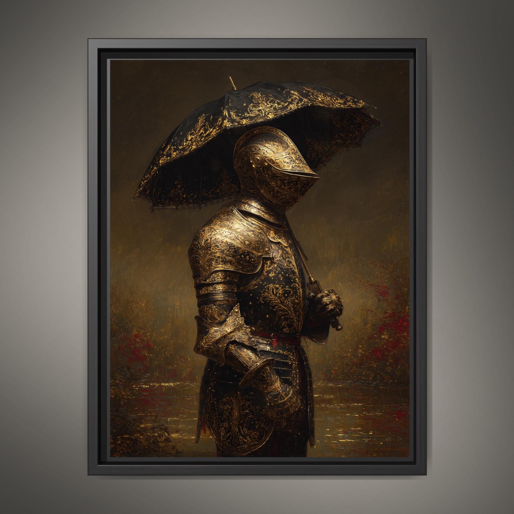 Dark Knight with Umbrella Wall Art Print, Medieval Armour Portrait, Moody Fantasy Decor Main image