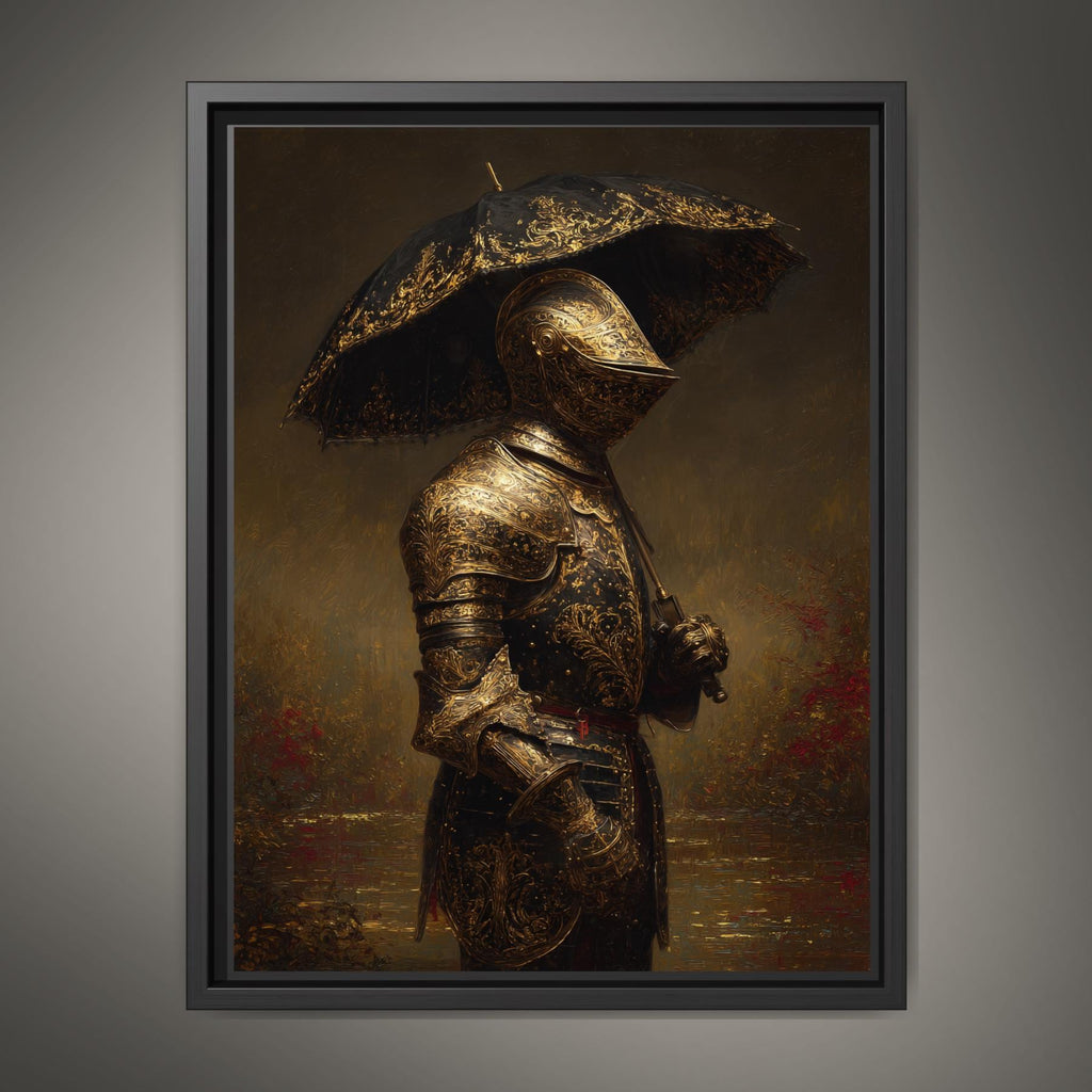 Dark Knight with Umbrella Wall Art Print, Medieval Armour Portrait, Moody Fantasy Decor
