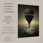 Vintage Black Hot Air Balloon Wall Art Print, Misty Landscape Artwork Moody Painting