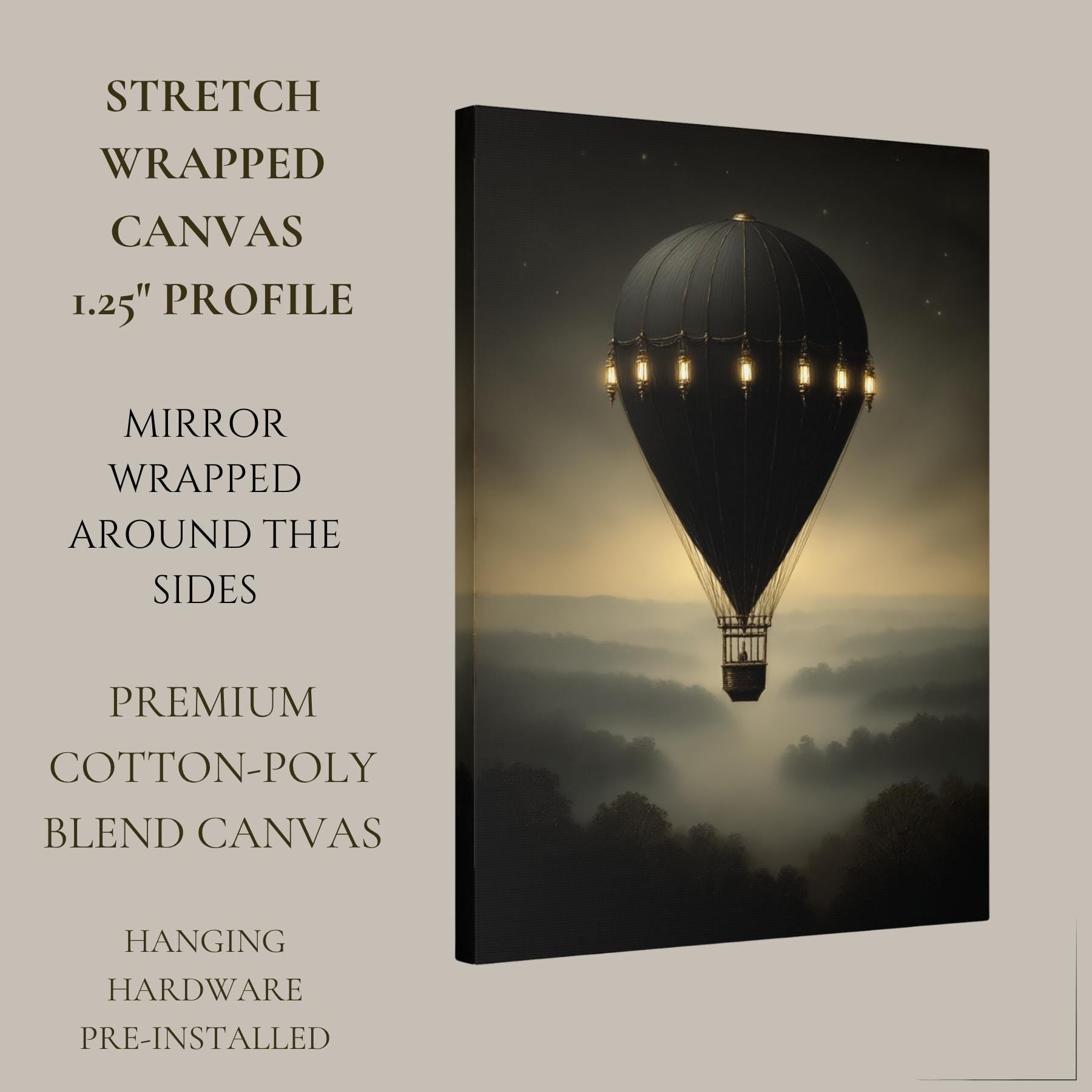 Vintage Black Hot Air Balloon Wall Art Print, Misty Landscape Artwork Moody Painting