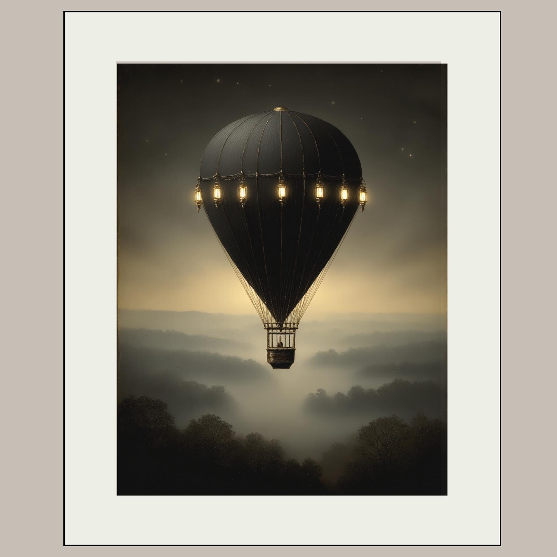 Vintage Black Hot Air Balloon Wall Art Print, Misty Landscape Artwork Moody Painting