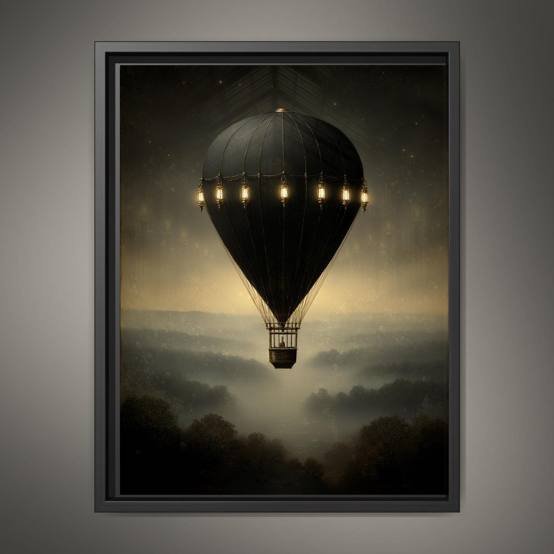 Vintage Black Hot Air Balloon Wall Art Print, Misty Landscape Artwork Moody Painting