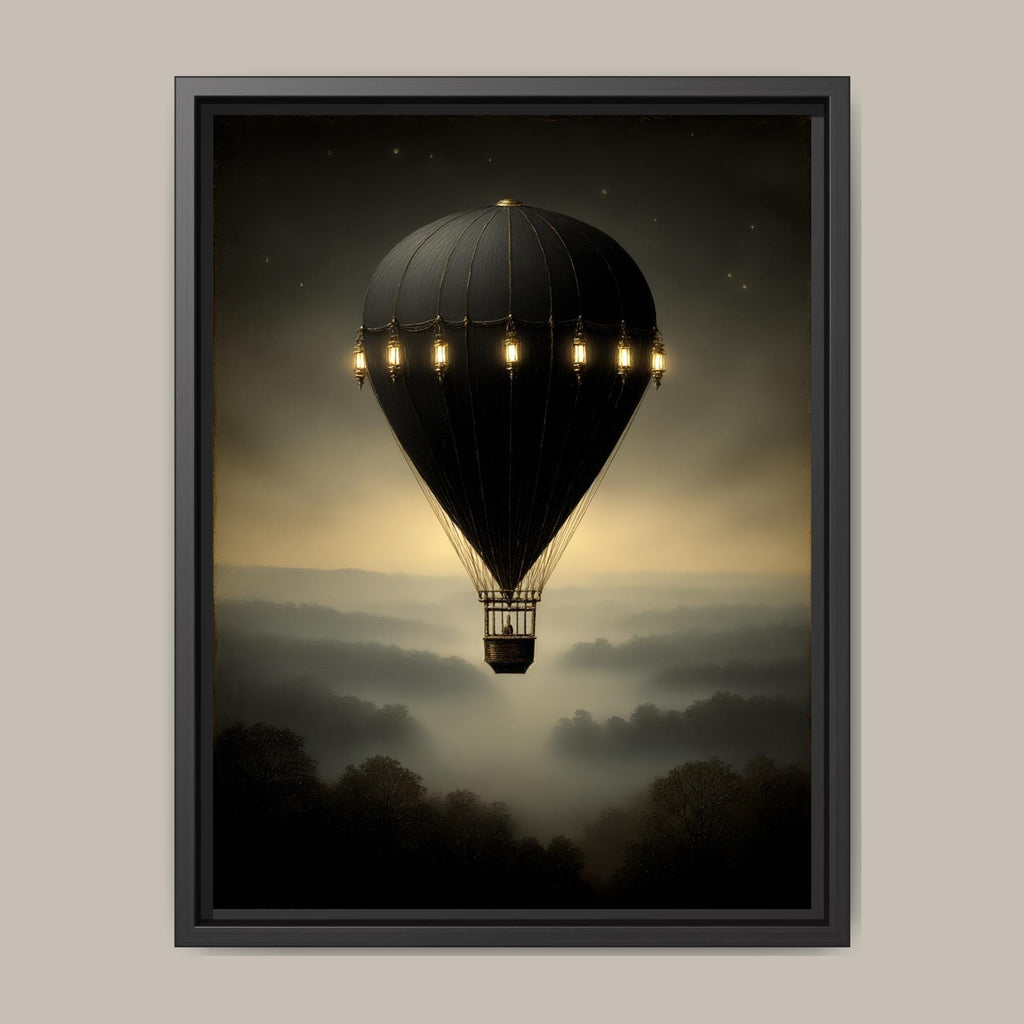 Vintage Black Hot Air Balloon Wall Art Print, Misty Landscape Artwork Moody Painting