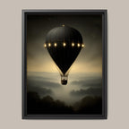 Vintage Black Hot Air Balloon Wall Art Print, Misty Landscape Artwork Moody Painting