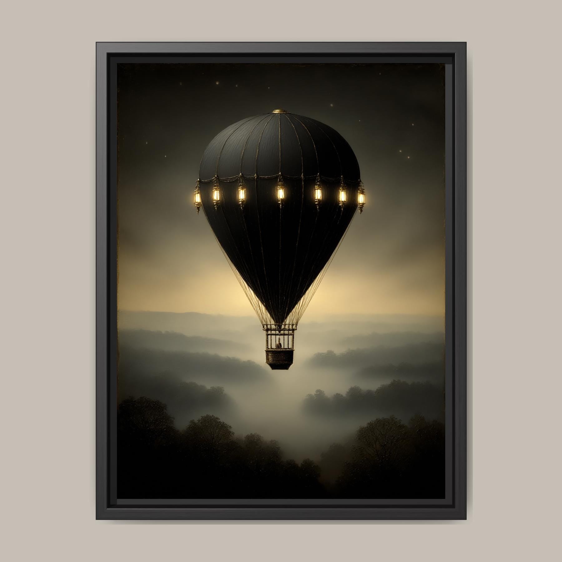 Vintage Black Hot Air Balloon Wall Art Print, Misty Landscape Artwork Moody Painting