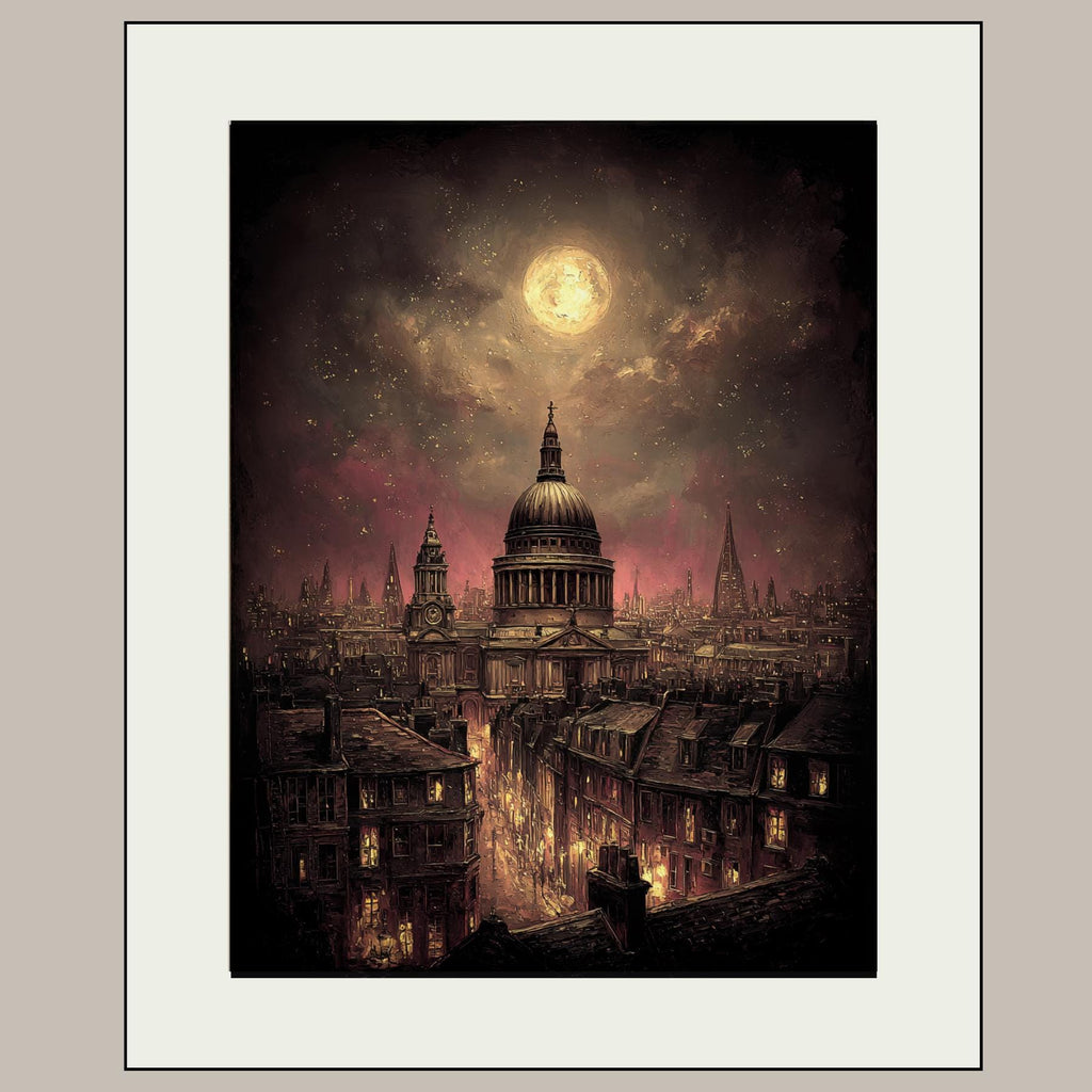 Vintage London at Night Cityscape Wall Art Print, St Pauls Cathedral Artwork