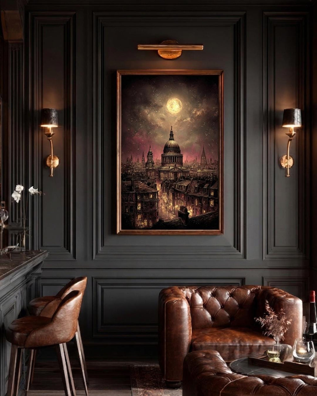 Vintage London at Night Cityscape Wall Art Print, St Pauls Cathedral Artwork