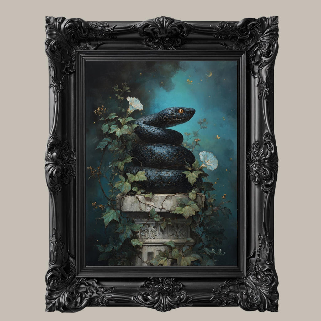 Black Snake Coiled on Pedestal Wall Art Print, Reptile Botanical Decor, Serpent Painting