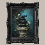 Black Snake Coiled on Pedestal Wall Art Print, Reptile Botanical Decor, Serpent Painting