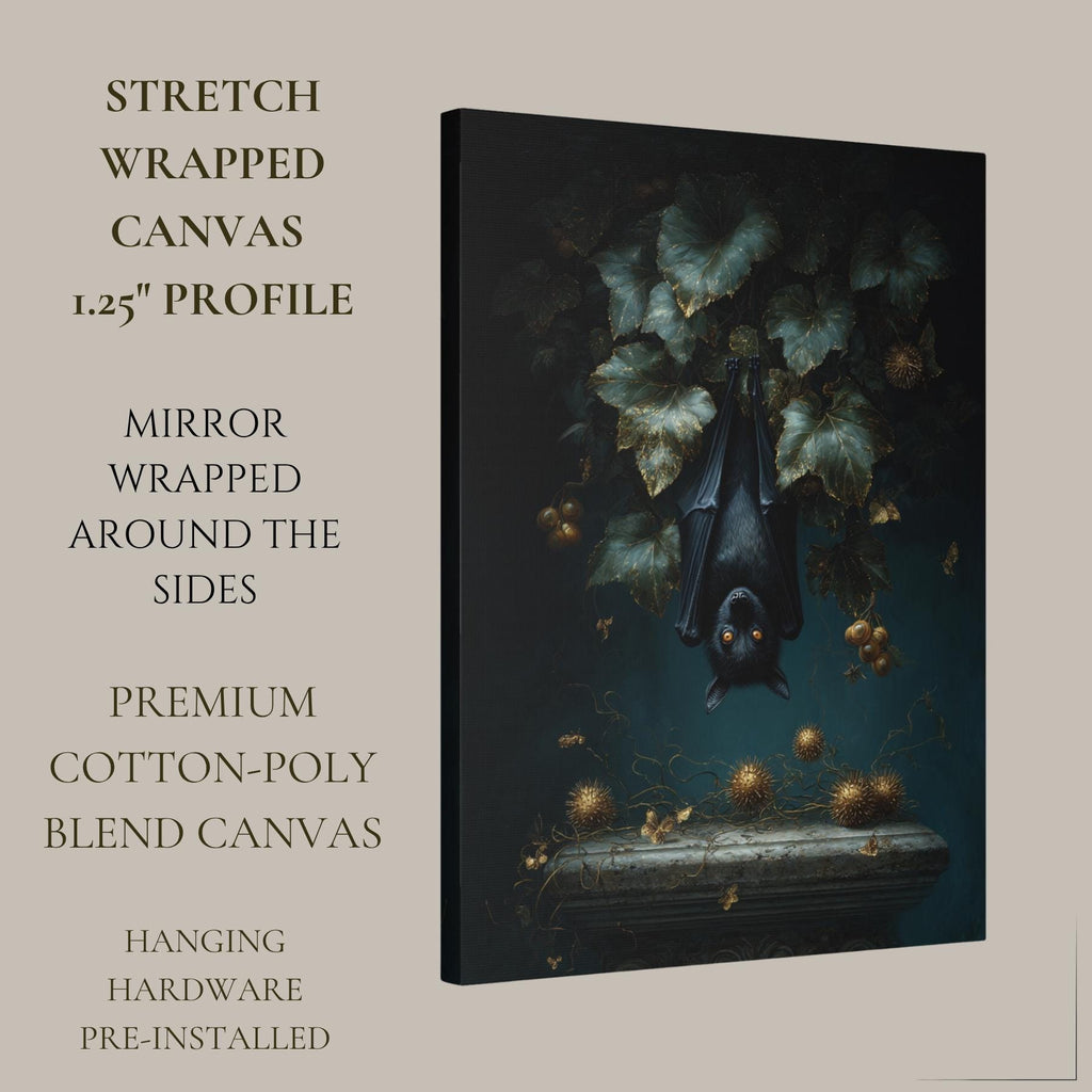 Hanging Black Bat Gold Leaves Wall Art Print, Moody Animal Forest Painting