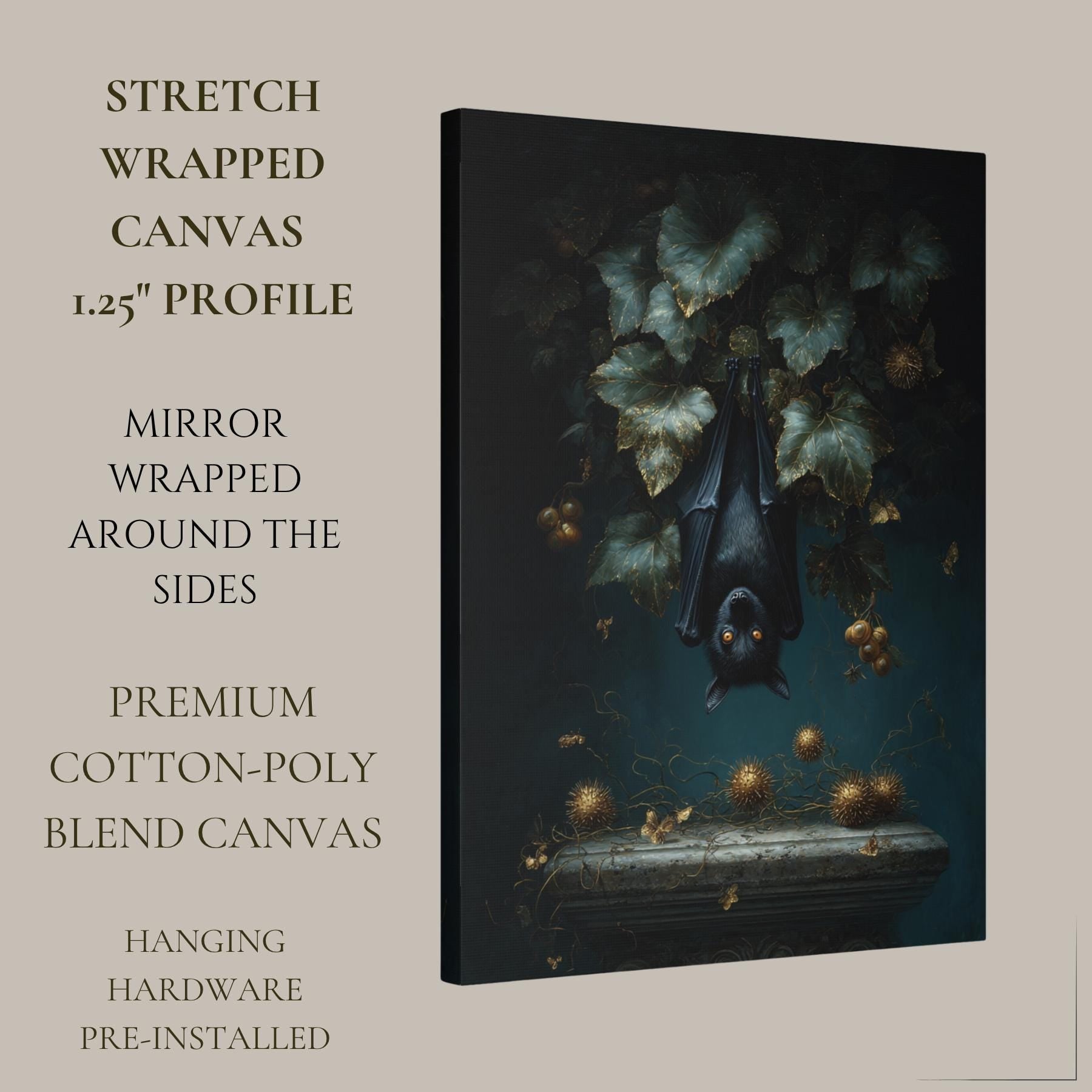 Hanging Black Bat Gold Leaves Wall Art Print, Moody Animal Forest Painting