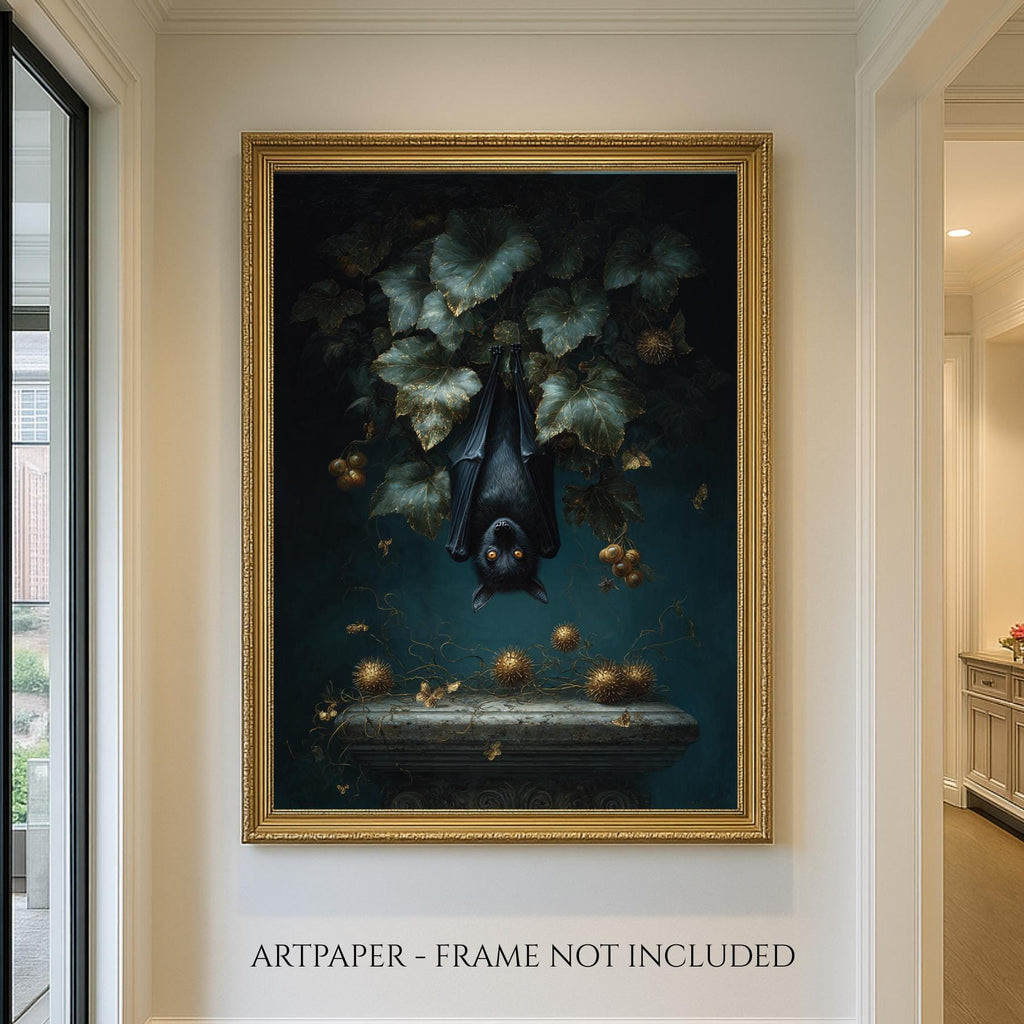 Hanging Black Bat Gold Leaves Wall Art Print, Moody Animal Forest Painting