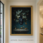 Hanging Black Bat Gold Leaves Wall Art Print, Moody Animal Forest Painting