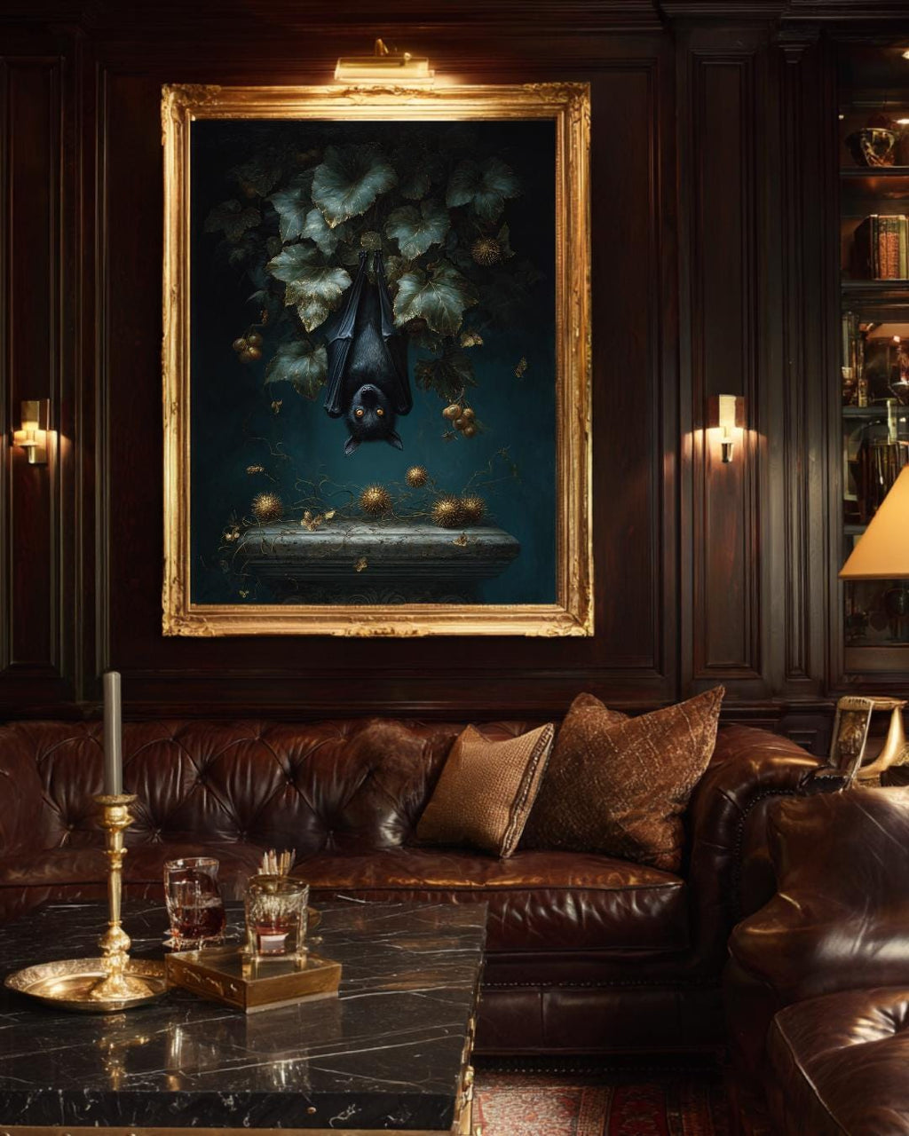 Hanging Black Bat Gold Leaves Wall Art Print, Moody Animal Forest Painting
