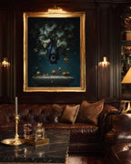 Hanging Black Bat Gold Leaves Wall Art Print, Moody Animal Forest Painting