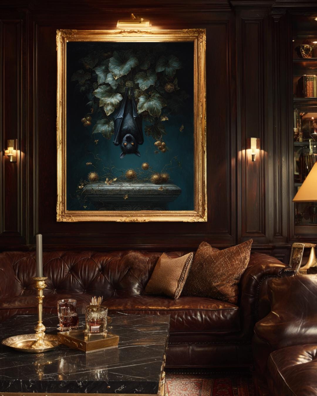 Hanging Black Bat Gold Leaves Wall Art Print, Moody Animal Forest Painting