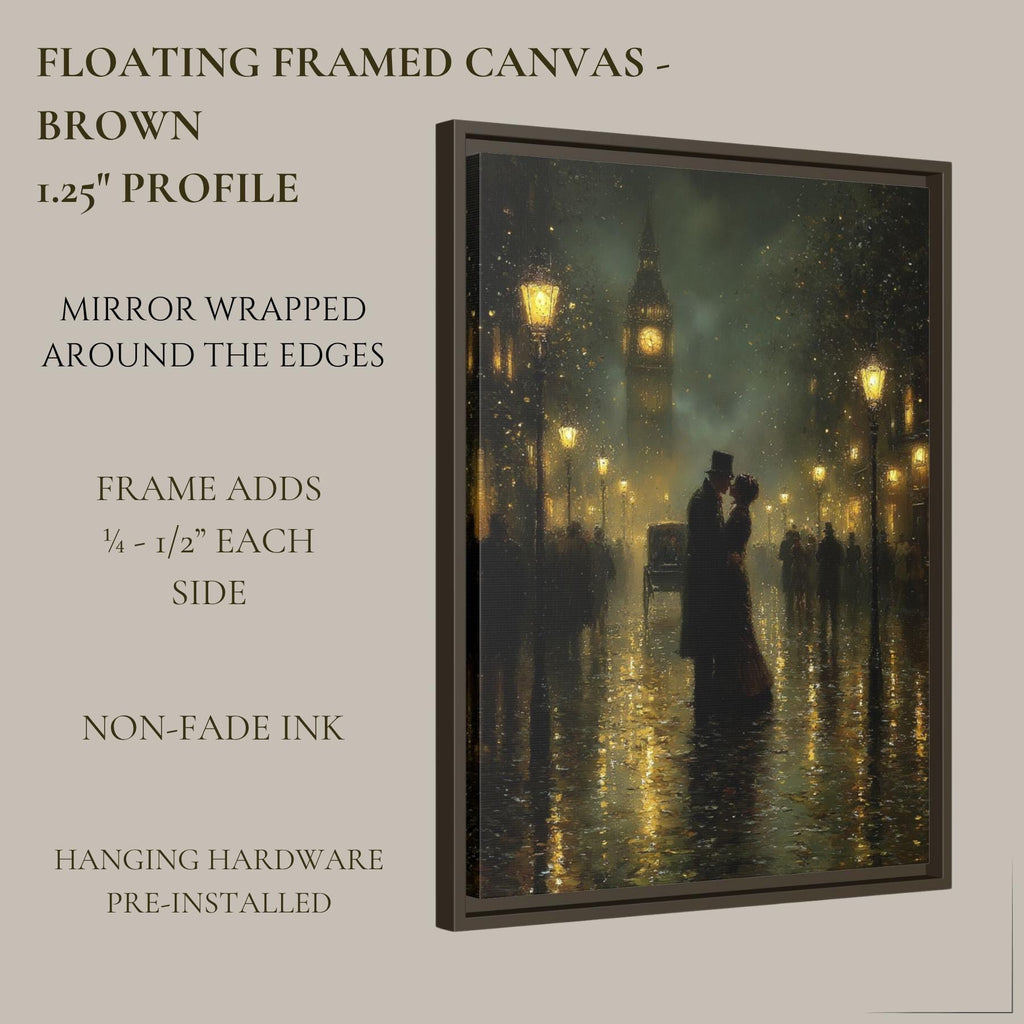 Victorian Kissing Couple Wall Art Print Big Ben, Rainy London Cityscape Painting