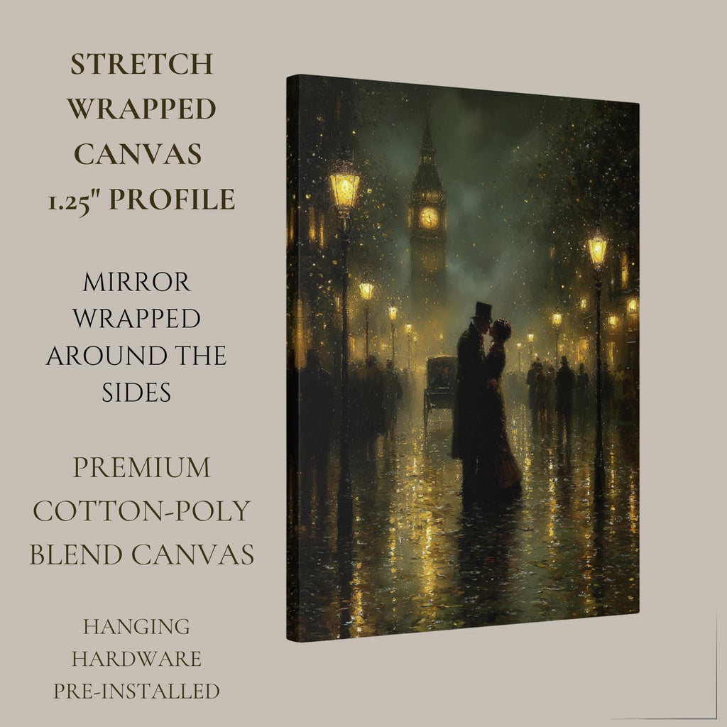 Victorian Kissing Couple Wall Art Print Big Ben, Rainy London Cityscape Painting