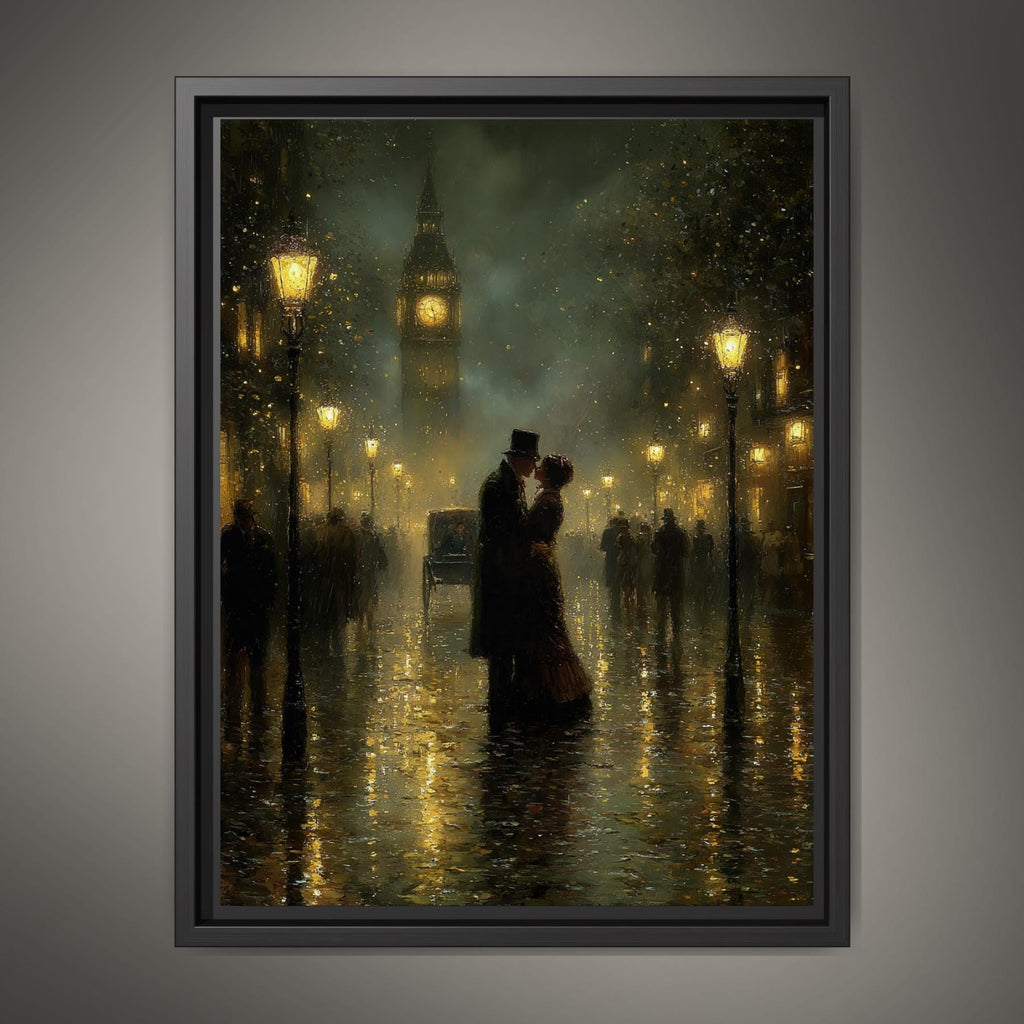 Victorian Kissing Couple Wall Art Print Big Ben, Rainy London Cityscape Painting