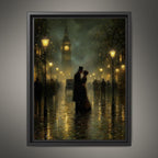 Victorian Kissing Couple Wall Art Print Big Ben, Rainy London Cityscape Painting