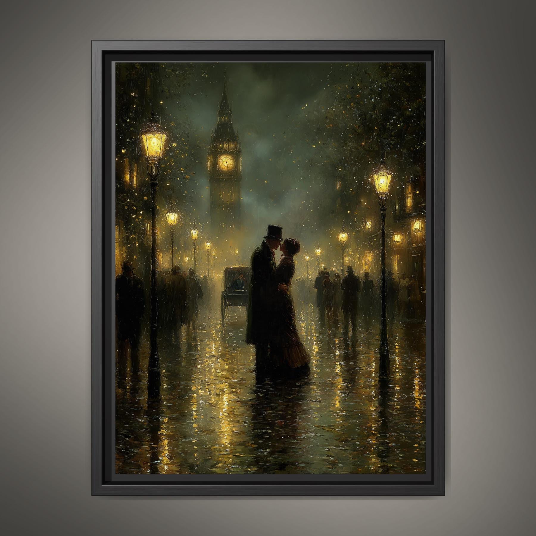 Victorian Kissing Couple Wall Art Print Big Ben, Rainy London Cityscape Painting