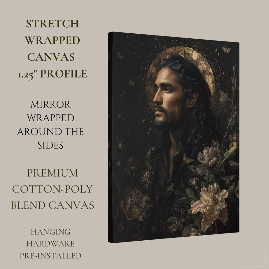 Celestial Male Portrait Print, Dark Haired Man Wall Art Painting, Moody Botanical Decor