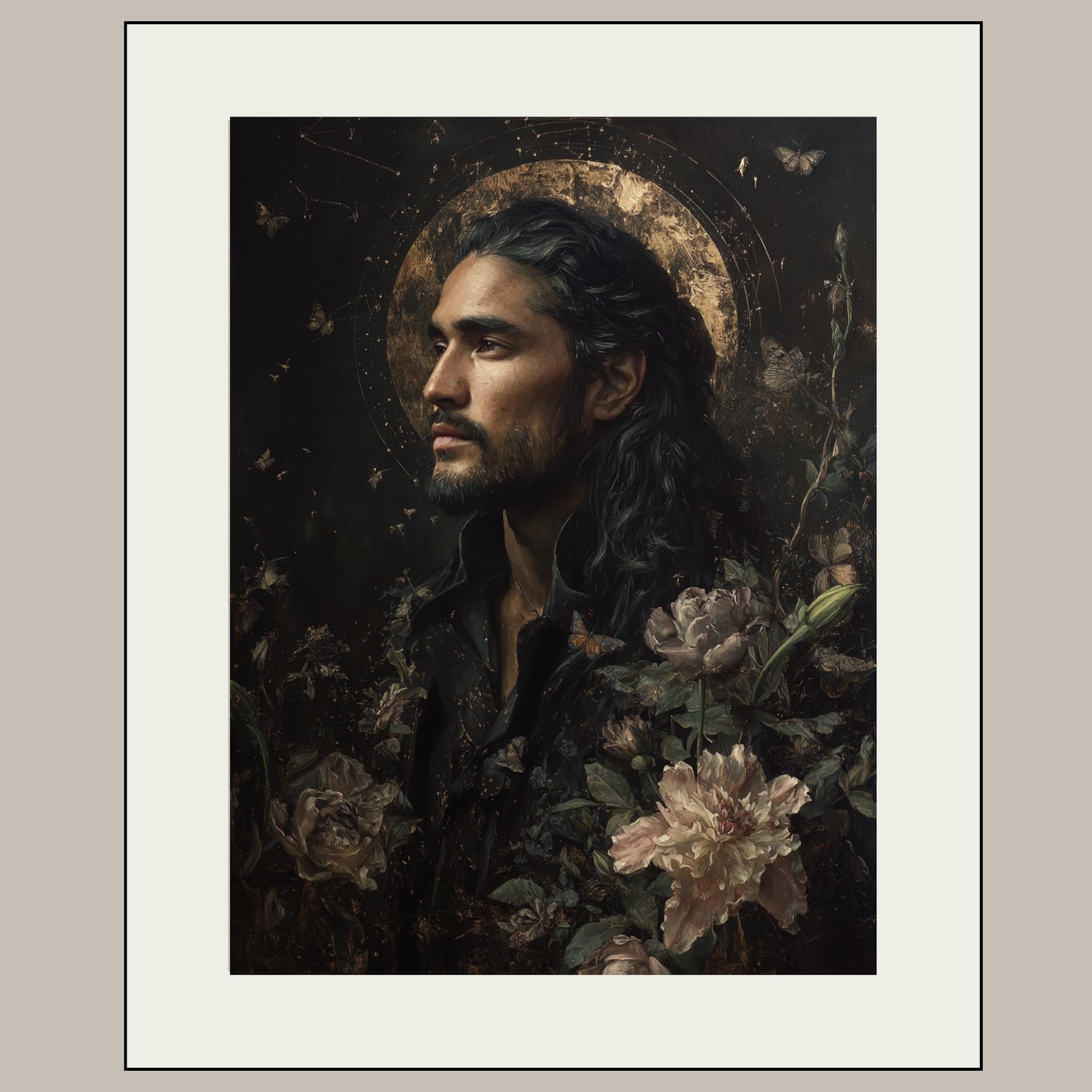 Celestial Male Portrait Print, Dark Haired Man Wall Art Painting, Moody Botanical Decor