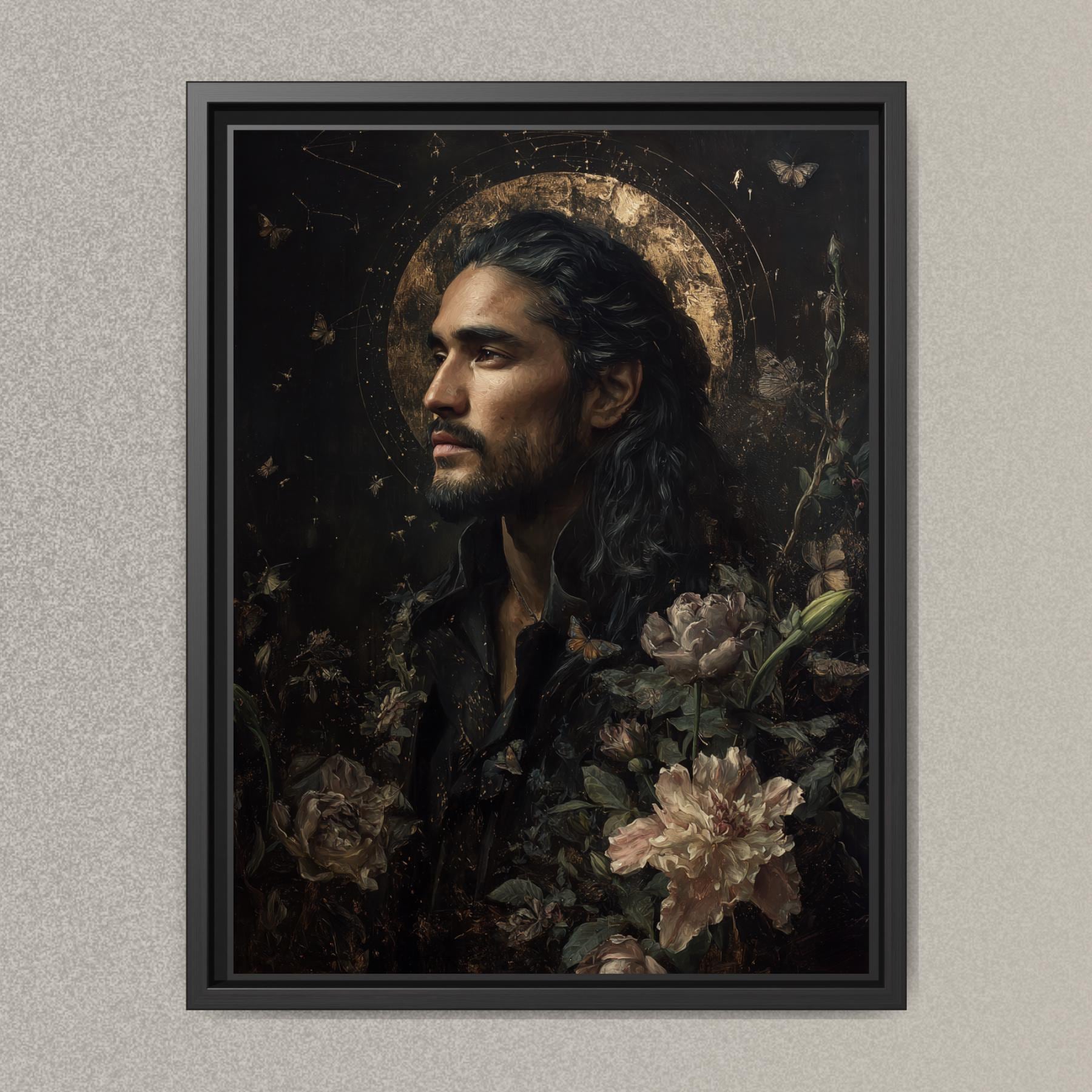 Celestial Male Portrait Print, Dark Haired Man Wall Art Painting, Moody Botanical Decor Main image
