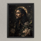 Celestial Male Portrait Print, Dark Haired Man Wall Art Painting, Moody Botanical Decor