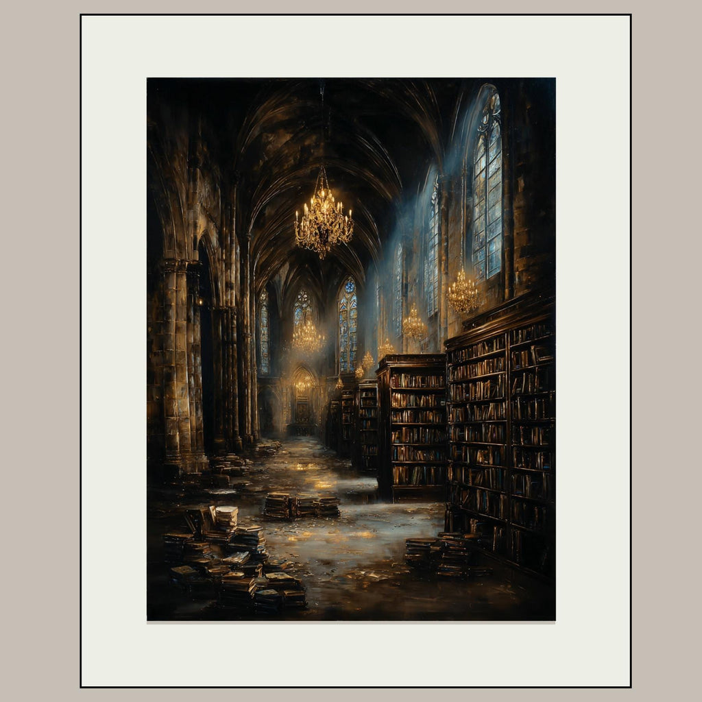 Gothic Cathedral Library Print, Medieval Stone Architecture, Atmospheric oil Painting Style Decor