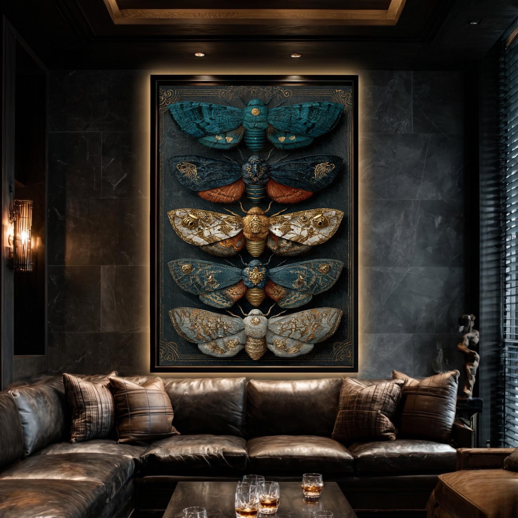 Five Moths Wall Art Print, Dark Academia Moth Specimen Board, Victorian Entomology Decor Artwork Secondary image