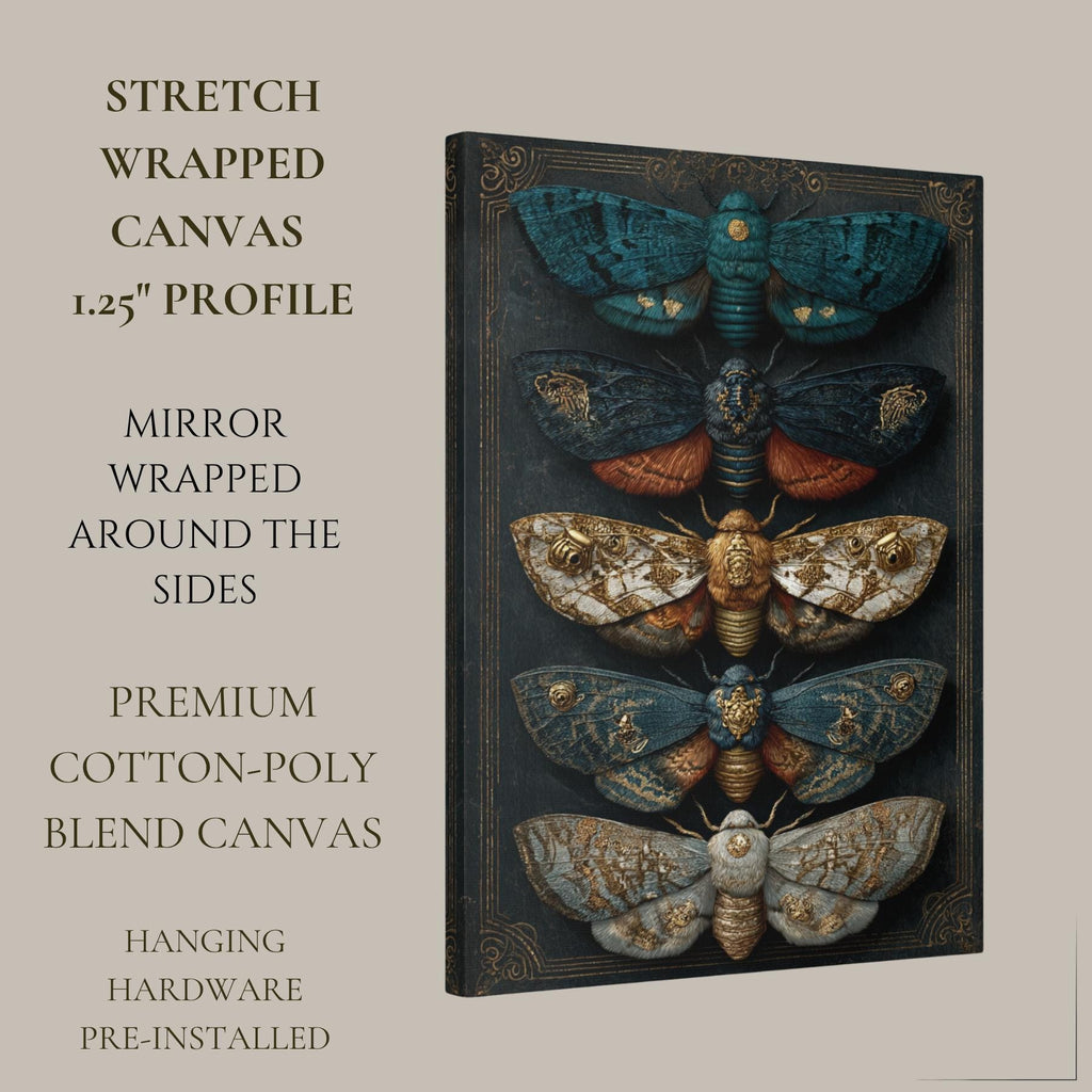 Five Moths Wall Art Print, Dark Academia Moth Specimen Board, Victorian Entomology Decor Artwork