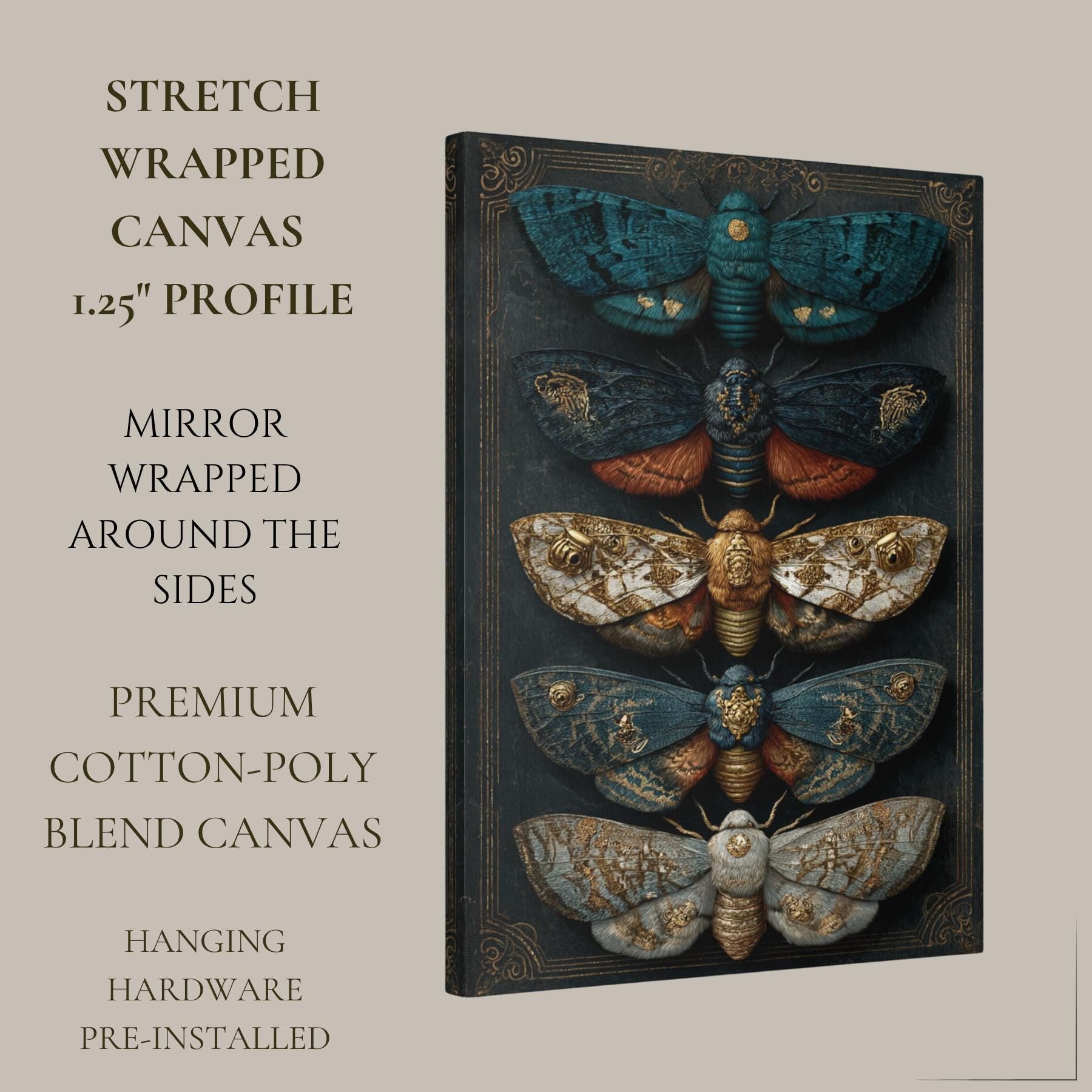 Five Moths Wall Art Print, Dark Academia Moth Specimen Board, Victorian Entomology Decor Artwork