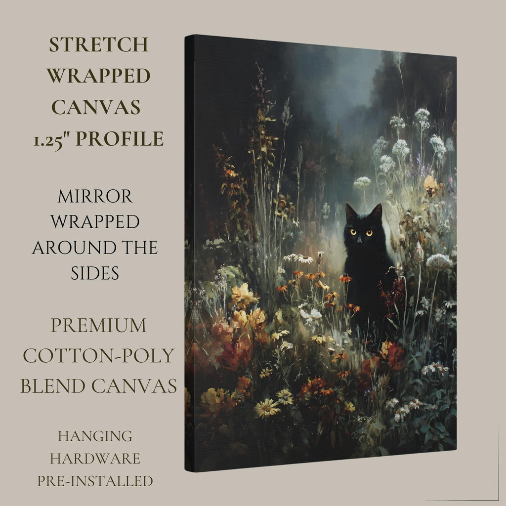 Vintage Black Cat Wall Art Print, Oil Painted Style Wildflowers Moonlit Night Painting