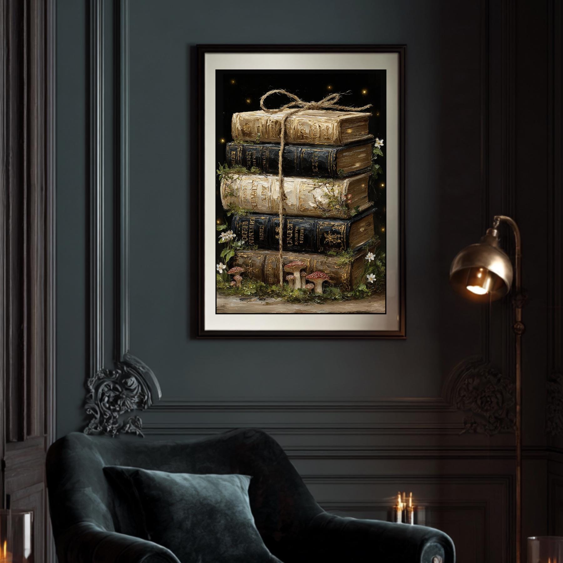 Stacked Books Wall Art Print, Vintage Library Book Painting Cottagecore Decor Secondary image