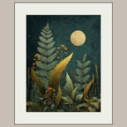 Moon Fern Wall Art Print, Teal Botanical Night Painting, Gold Celestial Nature Decor