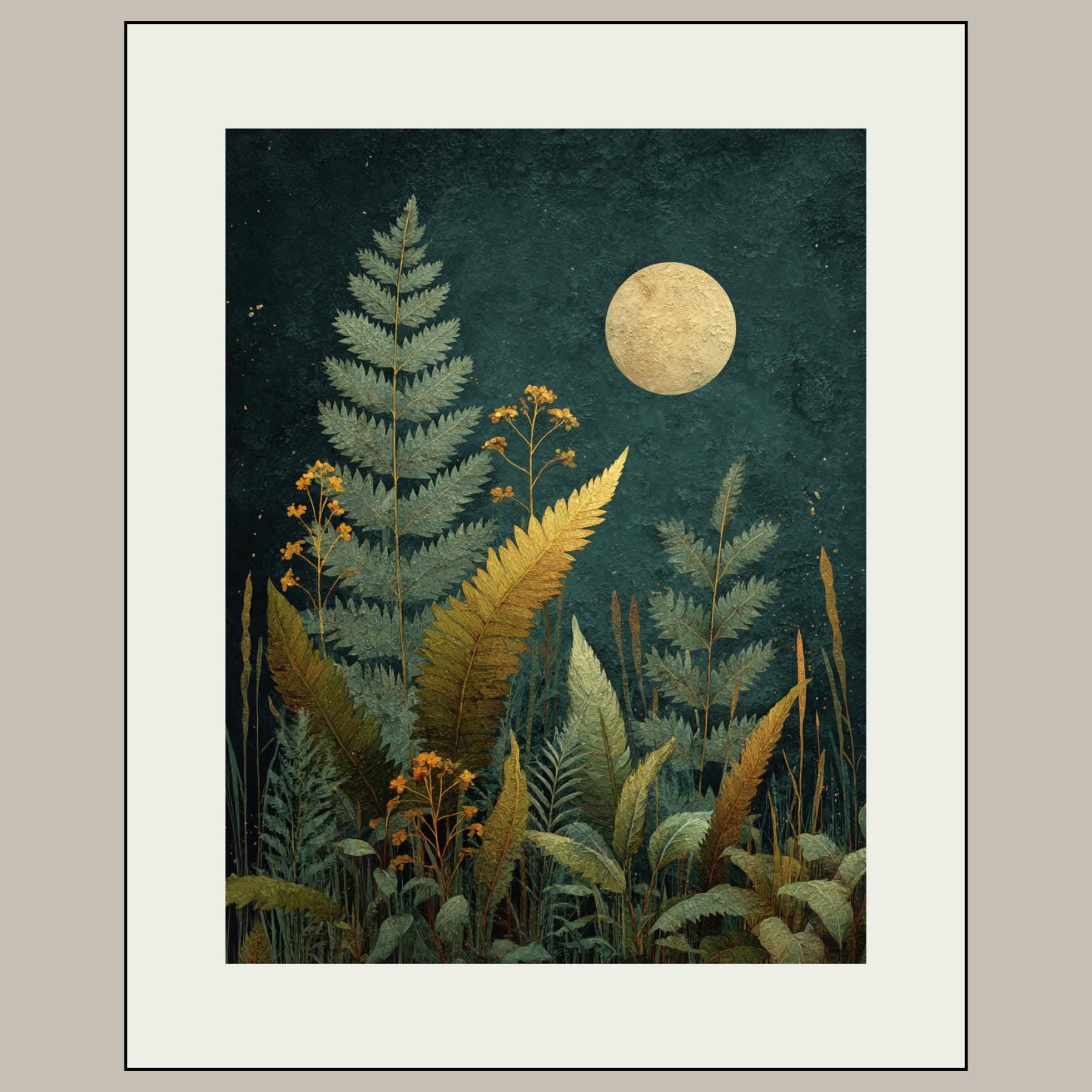 Moon Fern Wall Art Print, Teal Botanical Night Painting, Gold Celestial Nature Decor
