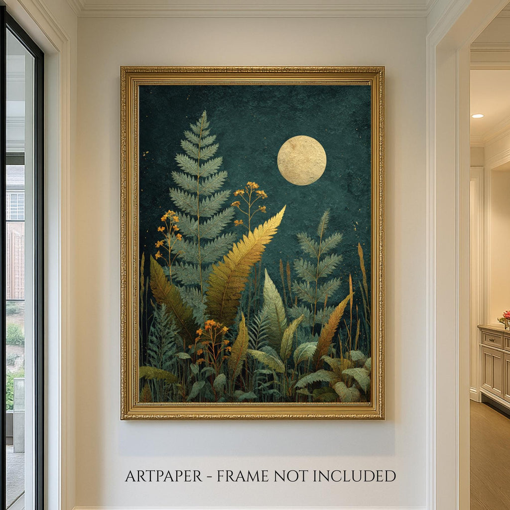 Moon Fern Wall Art Print, Teal Botanical Night Painting, Gold Celestial Nature Decor