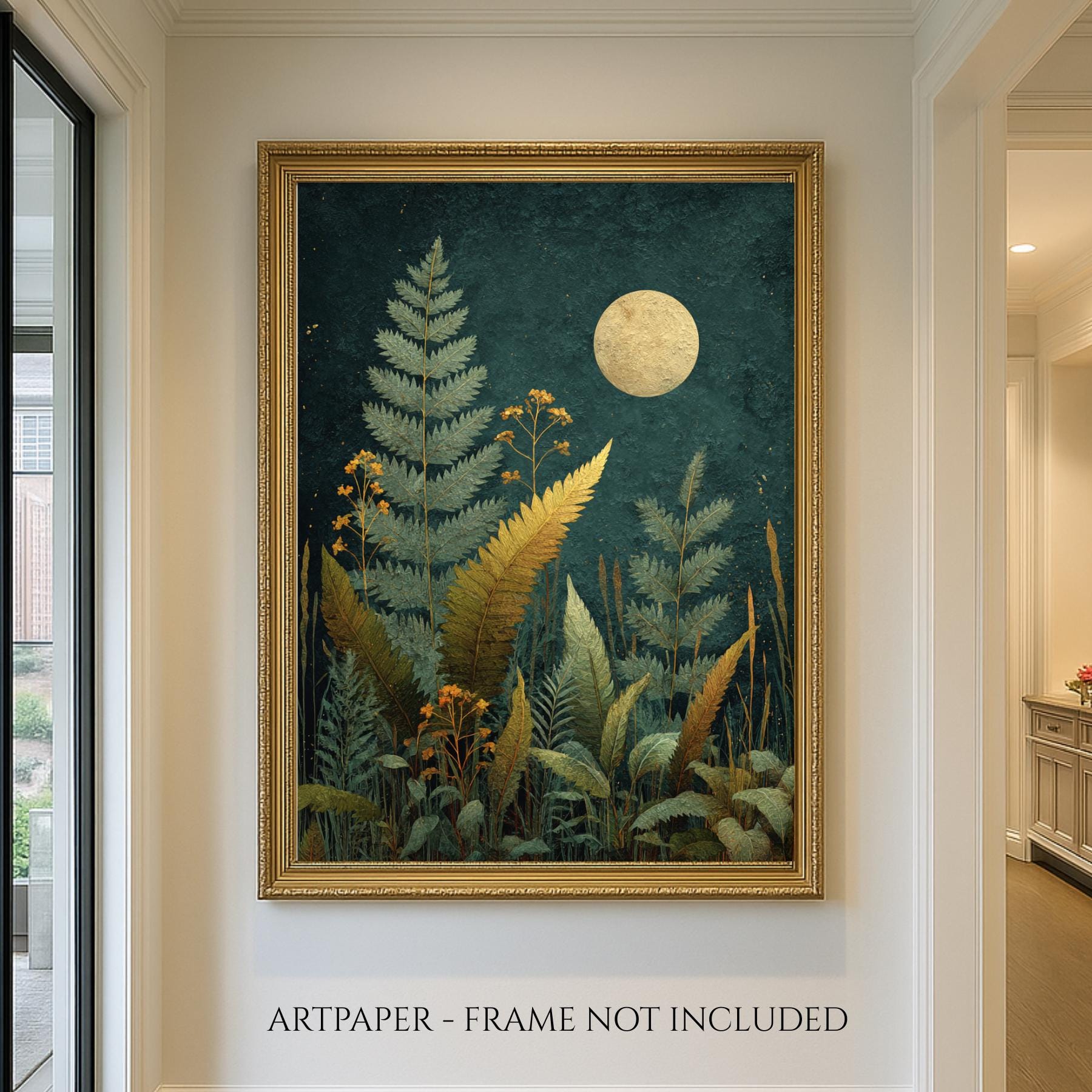 Moon Fern Wall Art Print, Teal Botanical Night Painting, Gold Celestial Nature Decor